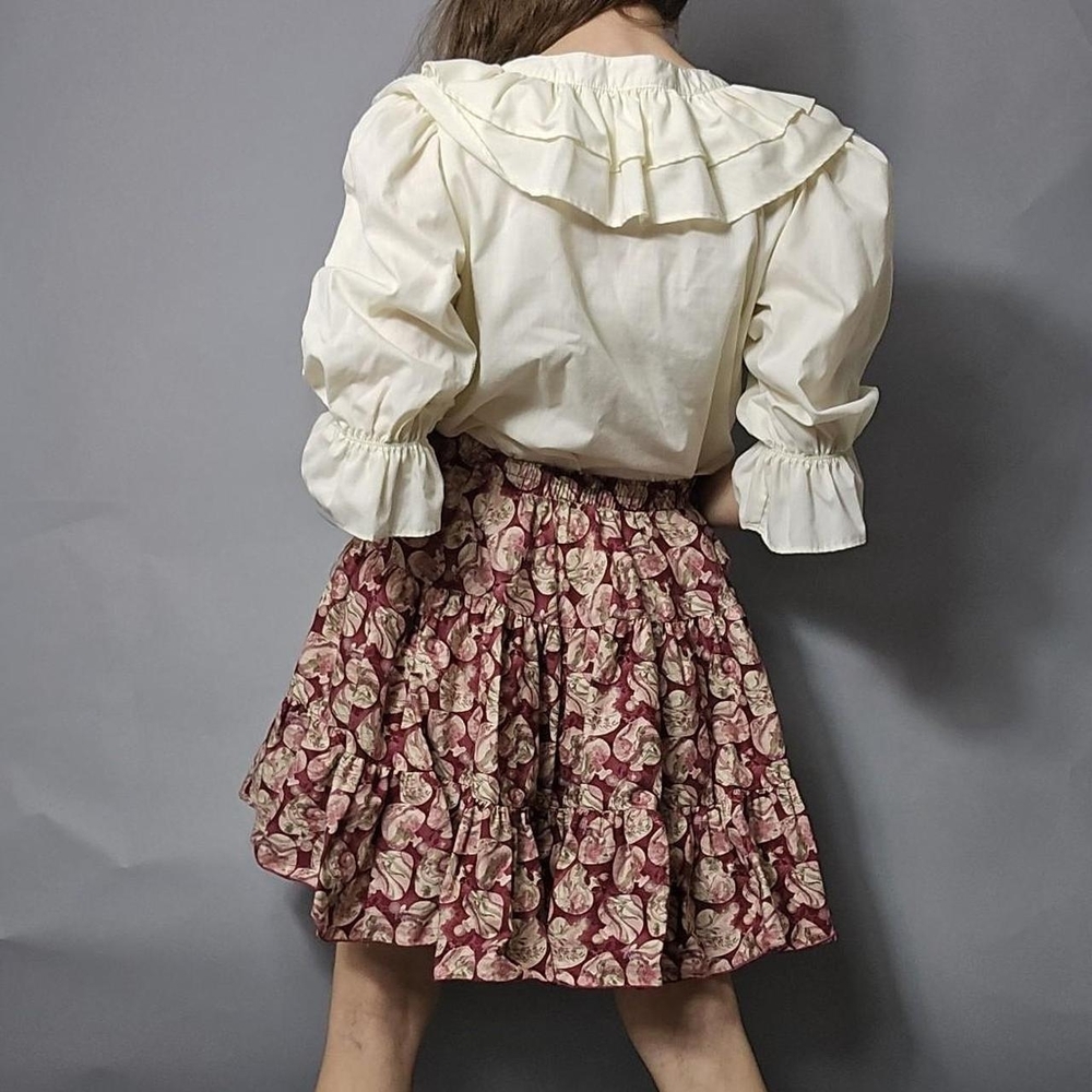 Vintage Cream Puff Sleeve Ruffle Blouse Floral Skirt Set Top M Skirt S